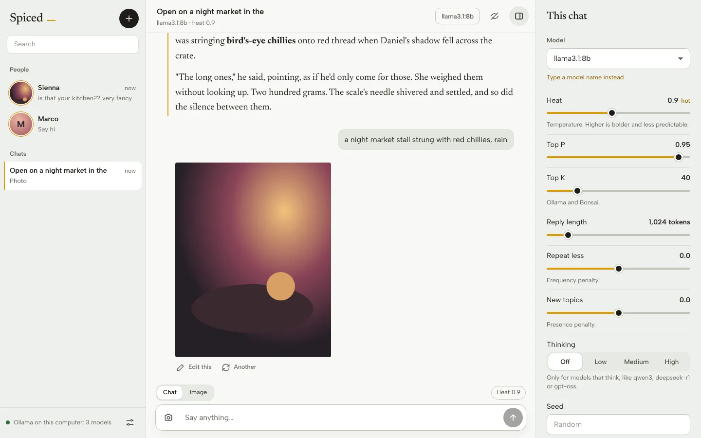 Spiced in Saffron: a story reply set in a book serif with a golden thread, and the chat's settings